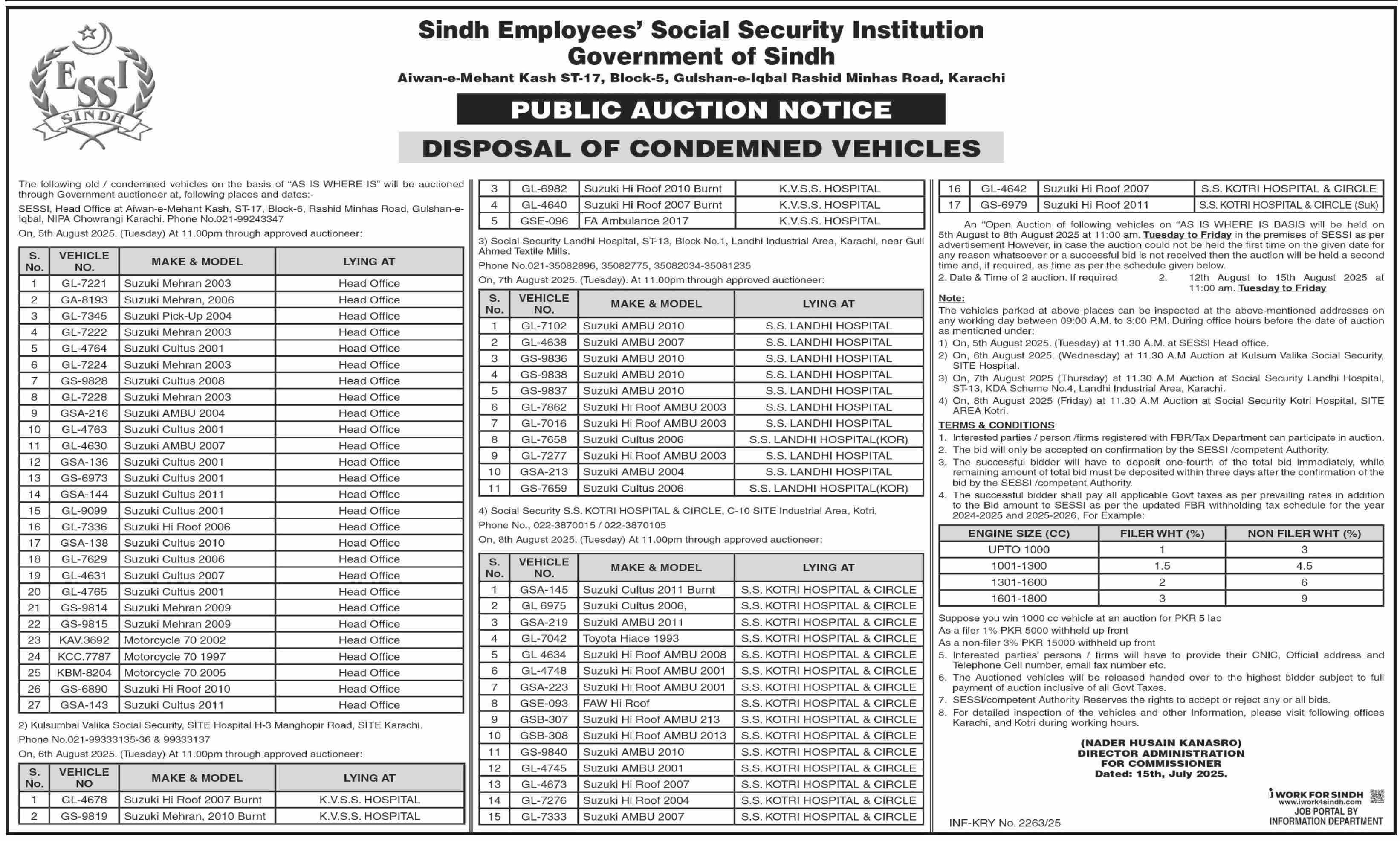 Sindh Employees Social Security Information Karachi Tender Notice